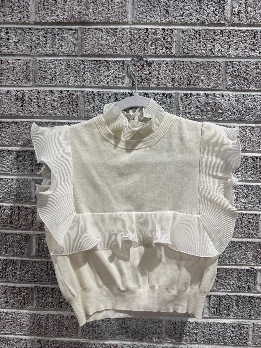 Zara Cream Ruffle-Trim Mock Neck Knit Top